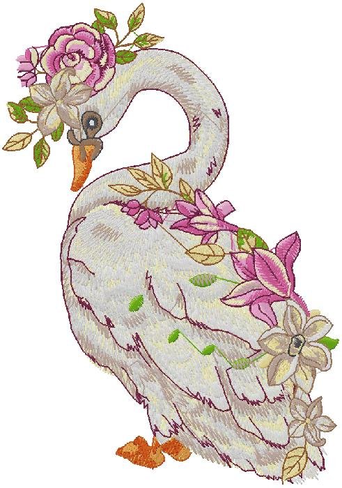 cute Swan with flowers embroidery design
