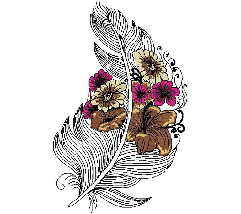 Feather with flowers embroidery design