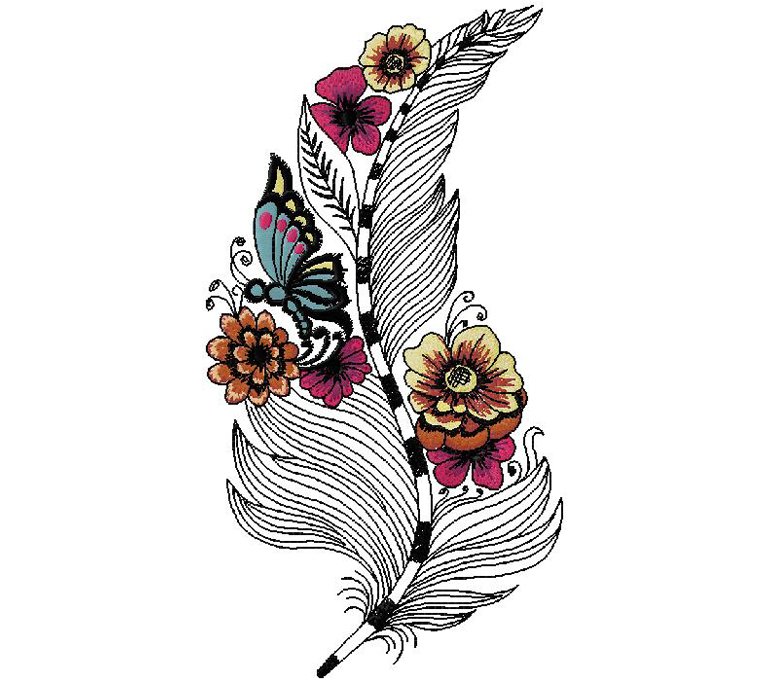 Feather with flowers embroidery design