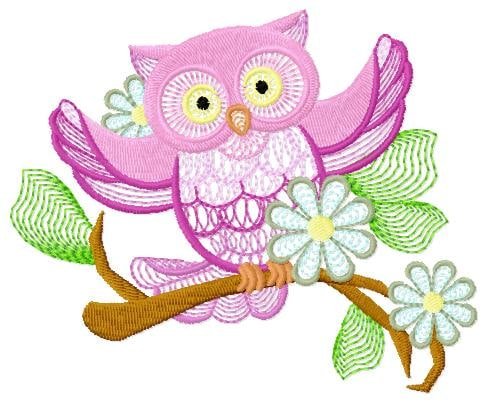 Owl with flowers embroidery design