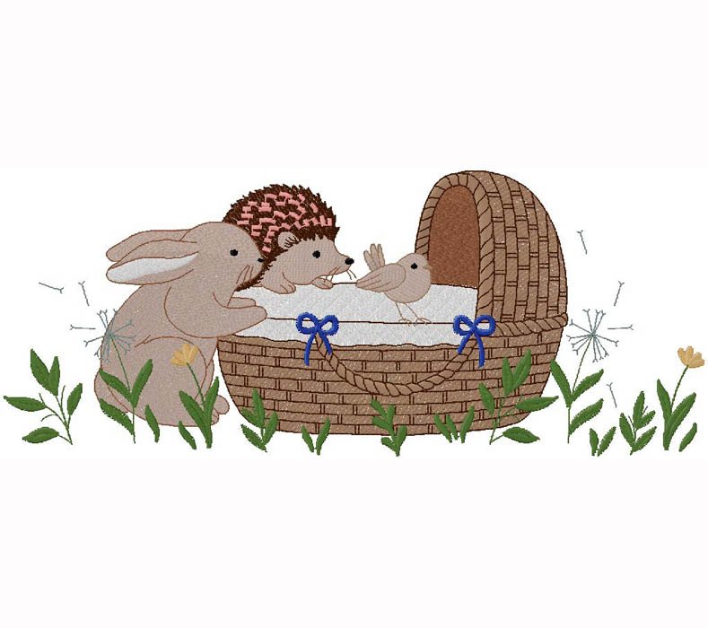 Rabbit, hedgehog and bird Embroidery Design
