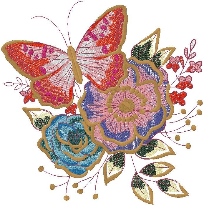 butterfly with flowers embroidery design