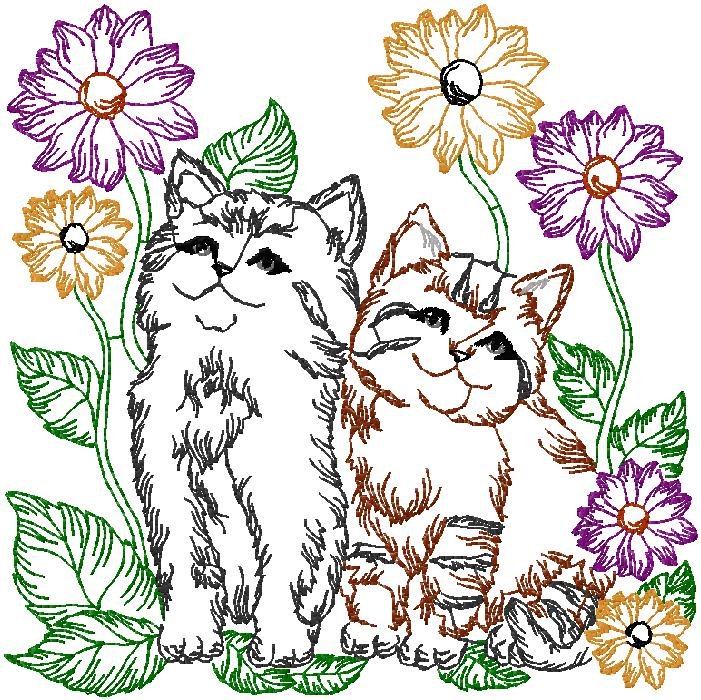 cats with flowers embroidery design