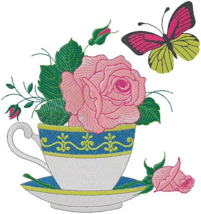 cup of flowers embroidery design