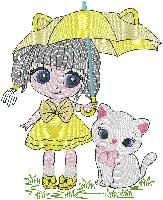 cute girl with cat embroidery design