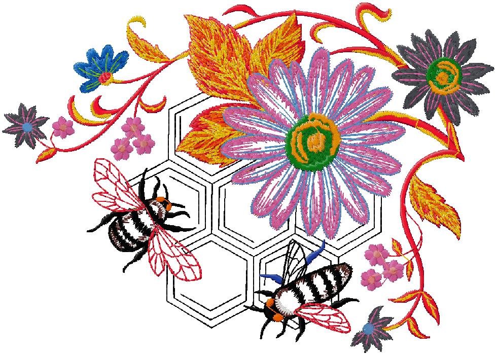 Flowers With Bees Embroidery Design Embnew