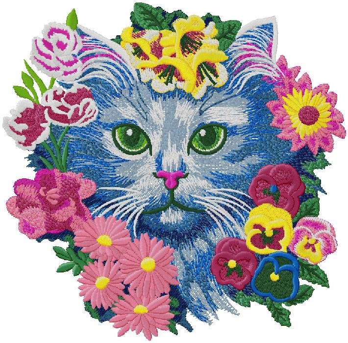 cat with flowers embroidery design