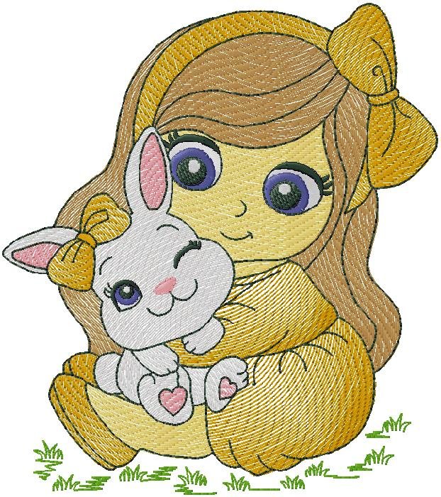 cute Girl with Bunny embroidery design