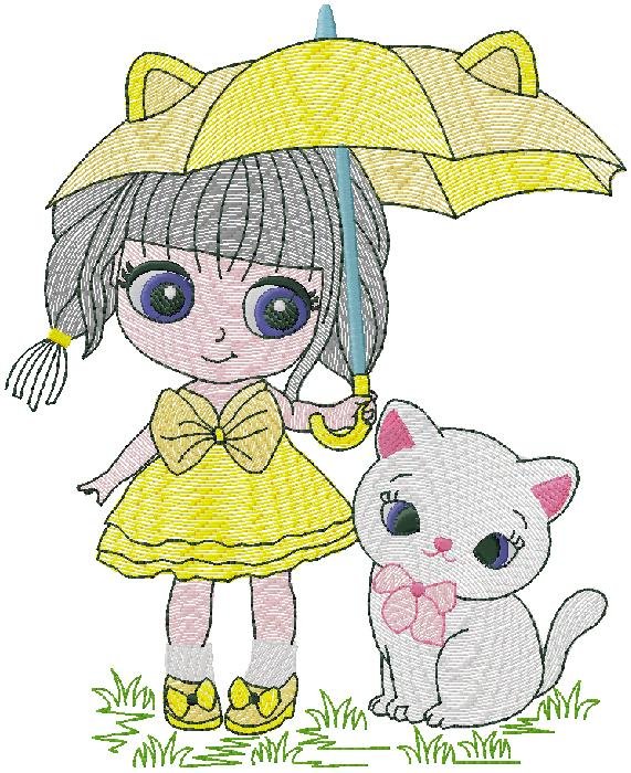 cute girl with cat embroidery design