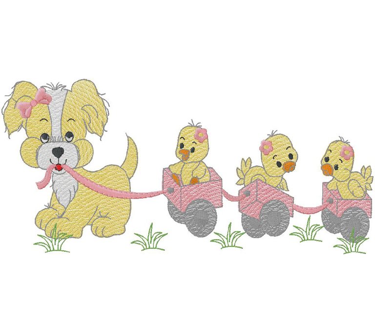 cute puppy with baby ducks embroidery design