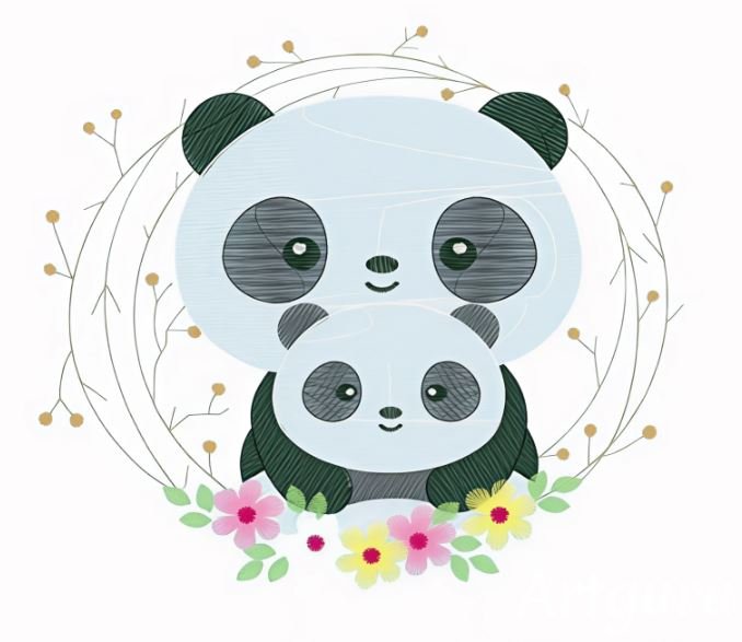 Cute Mom panda and Baby embroidery design for free download