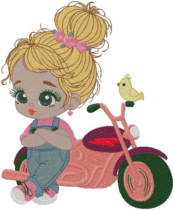 Girl with bike embroidery design