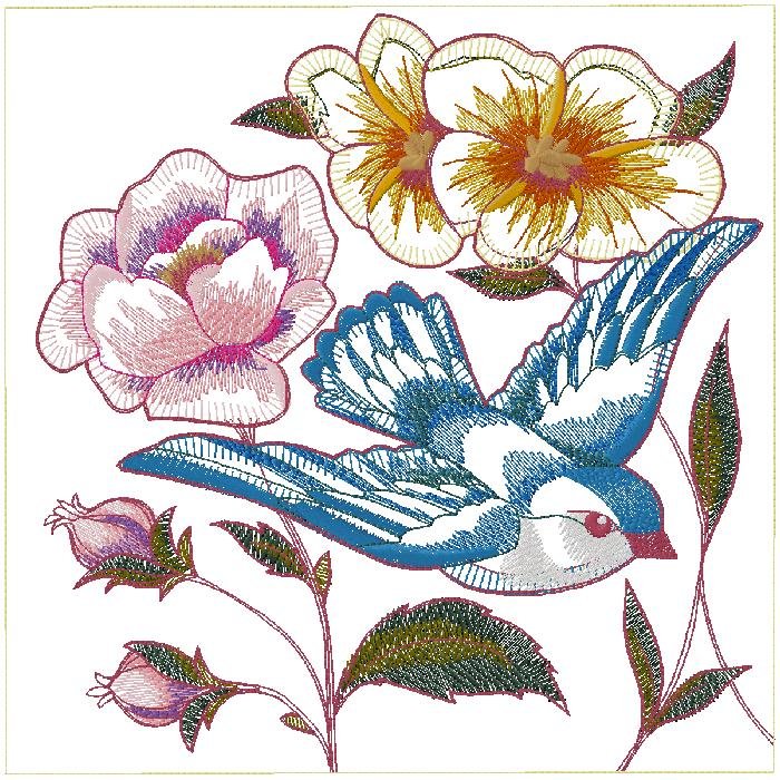 bird with flowers machine embroidery design