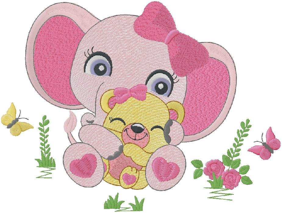 Cute Elephant with Baby Teddy Bear embroidery design