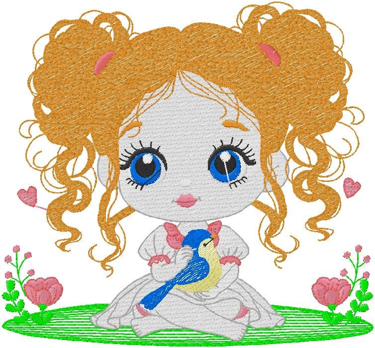 cute Girl with Bird embroidery design