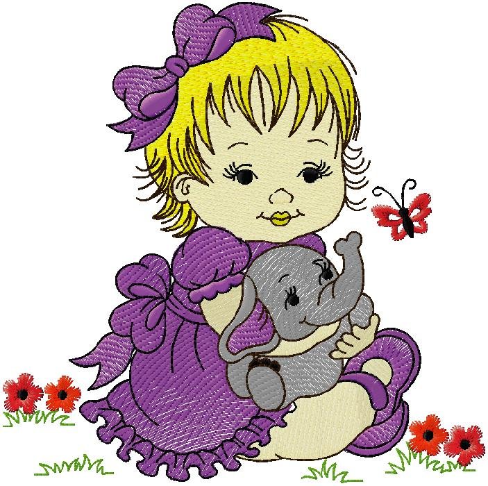 cute girl with Elephant embroidery design