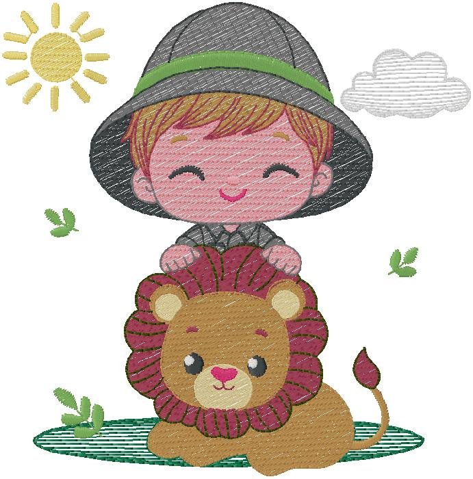Baby with lion embroidery design 
