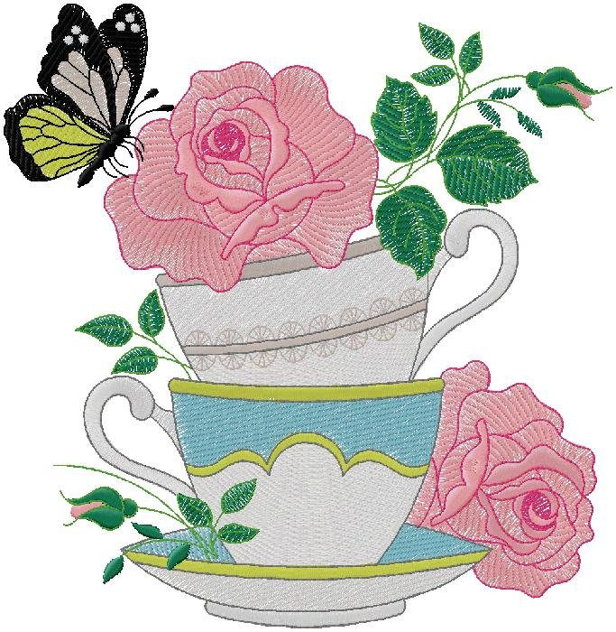 Cups of flowers embroidery design