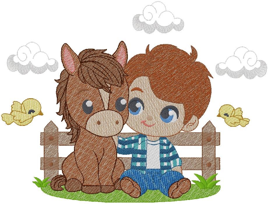 cute Boy with Baby horse embroidery design