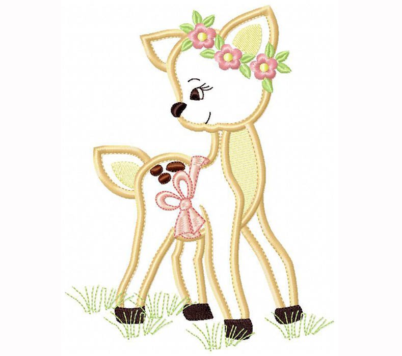 Cute Baby Deer Embroidery Design with Flowers and Bow for Kids