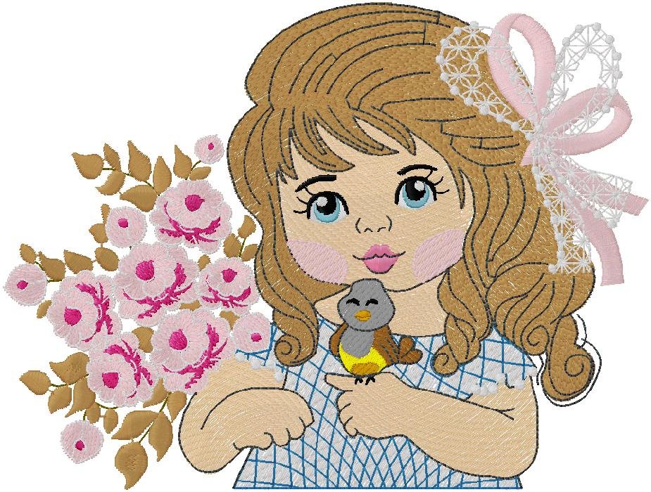 cute Girl with Bird embroidery design 