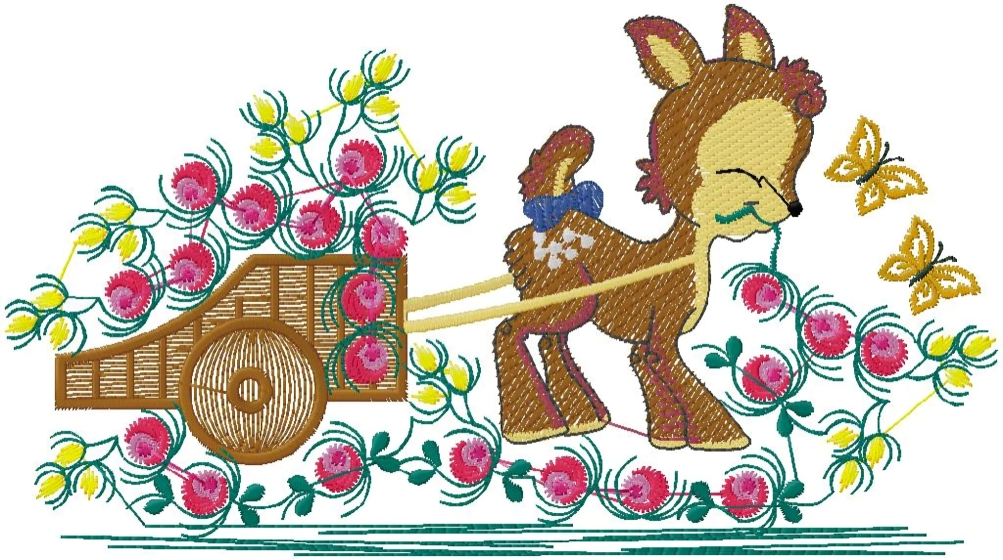 Baby deer  pulling a small wooden cart adorned with flowers