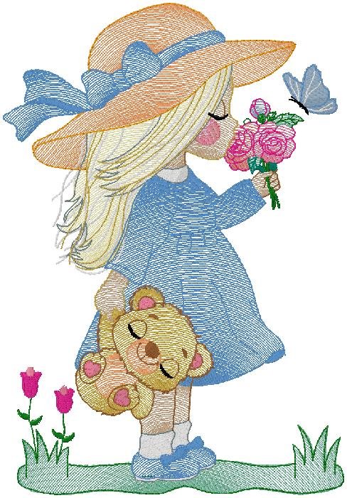 cute Girl with Flowers embroidery desgn