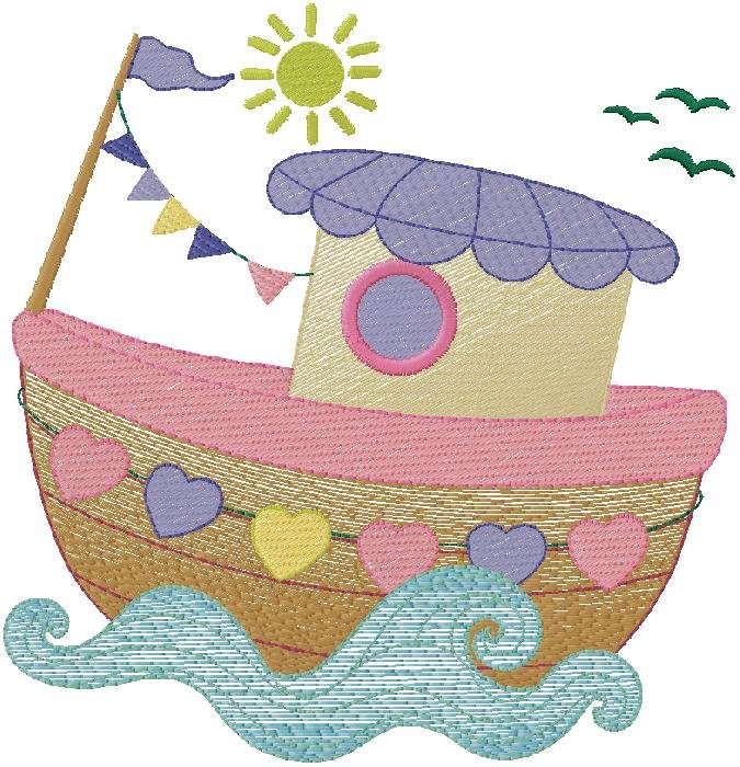 small boat floating on stylized blue waves