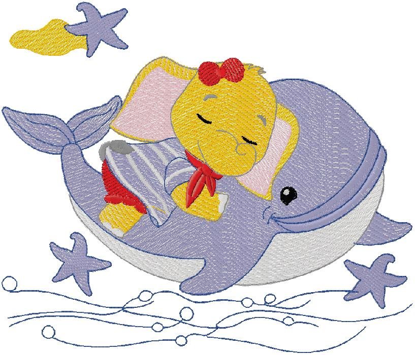 Cute Baby Elephant Riding a Dolphin – Embroidery Design