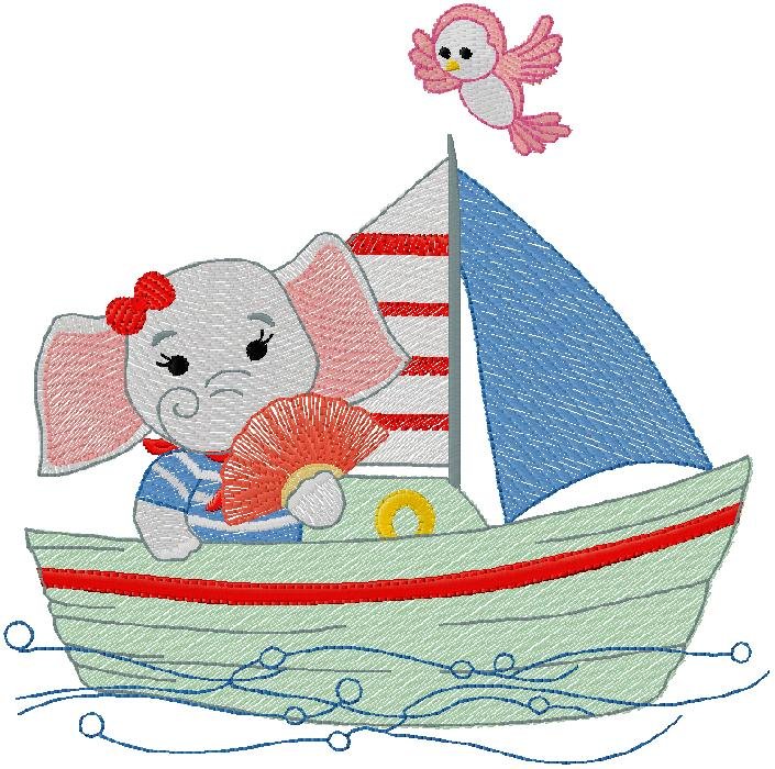 Cute Baby Elephant Sailing Boat Embroidery Design