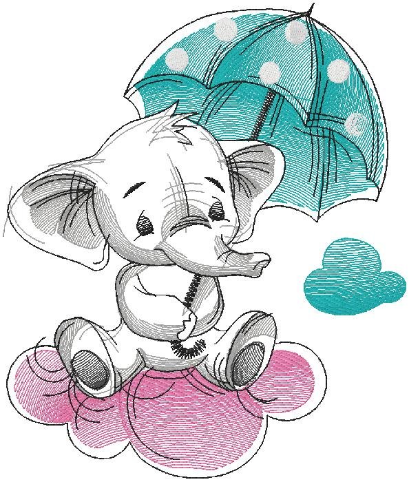 Cute Baby Elephant with Umbrella Embroidery Design