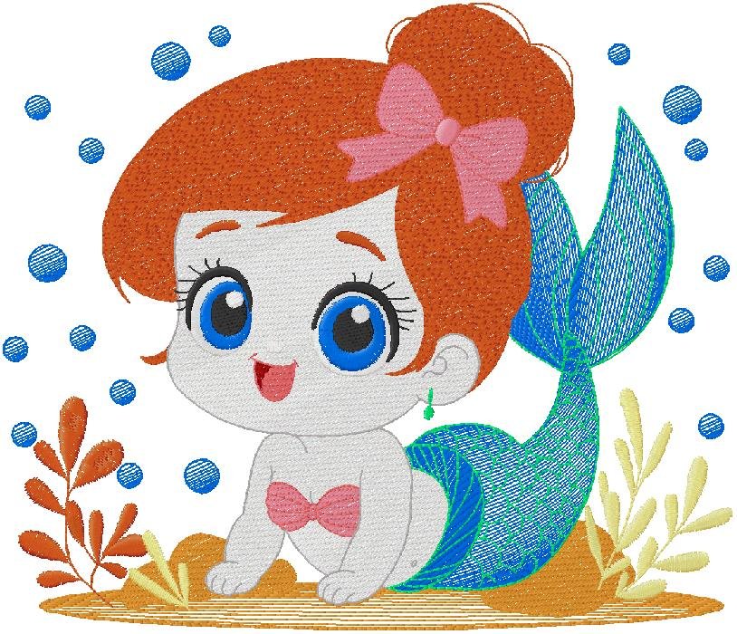 Cute Baby Mermaid Embroidery Design with Bow and Ocean Elements