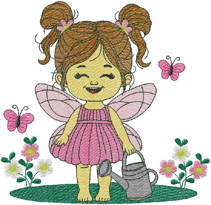 Cute Fairy Girl Watering Flowers – Embroidery Design