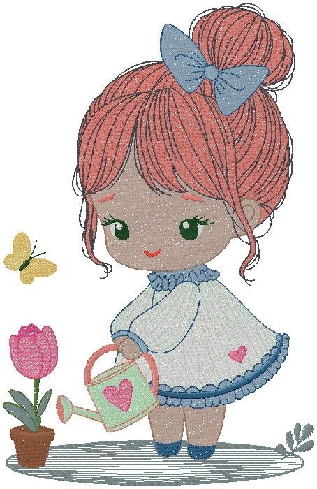Cute Little Girl Watering Flower – Spring Embroidery Design