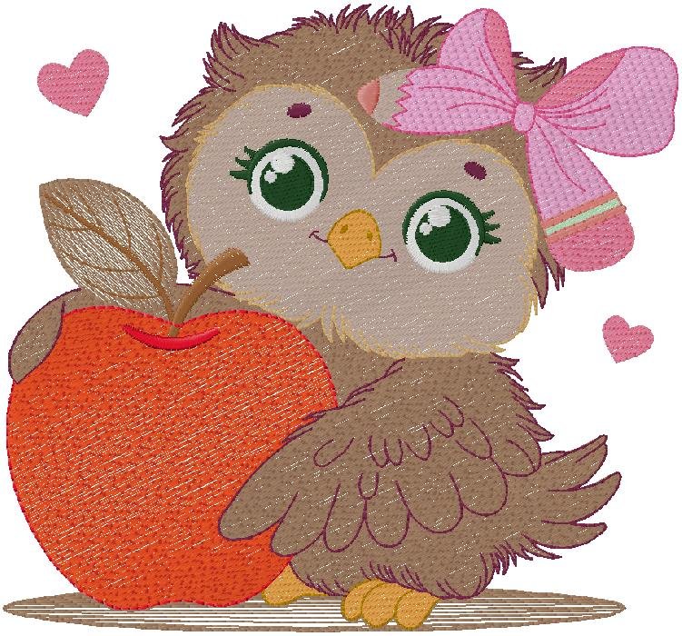 Cute Owl with Apple – Baby Girl Embroidery Design