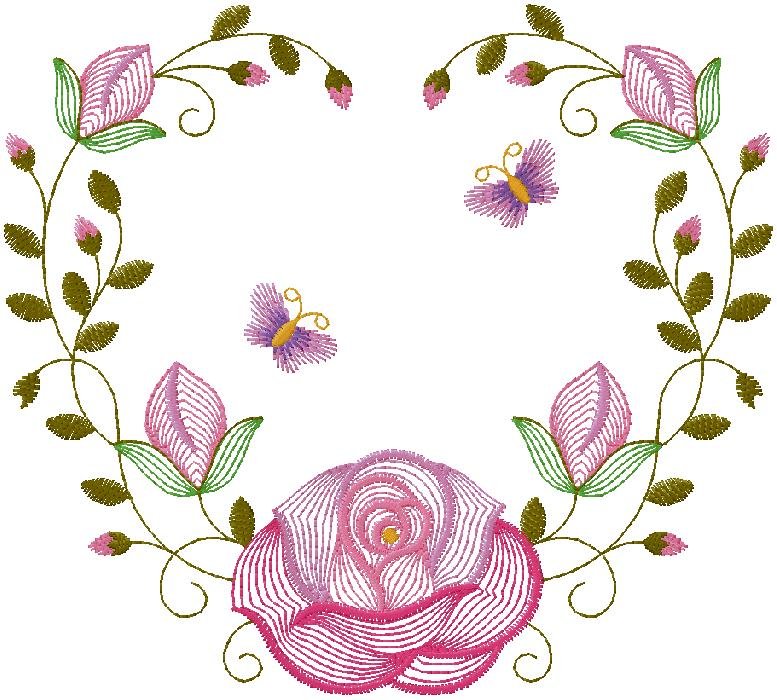 Elegant Floral Heart Embroidery Design with Butterflies