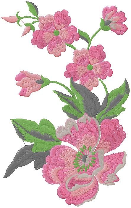 Elegant Pink Floral Embroidery Design with Lush Green Leaves