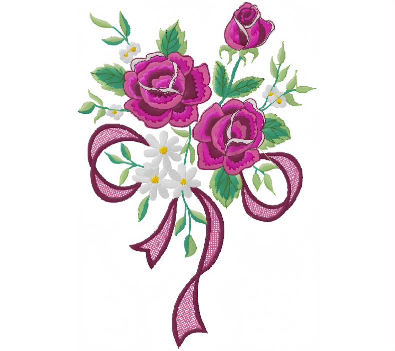 Elegant Pink Rose Bouquet with Ribbon – Floral Embroidery Design