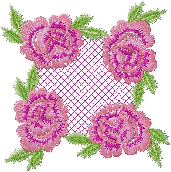 Elegant Pink Rose Corner Embroidery Design with Lattice Center
