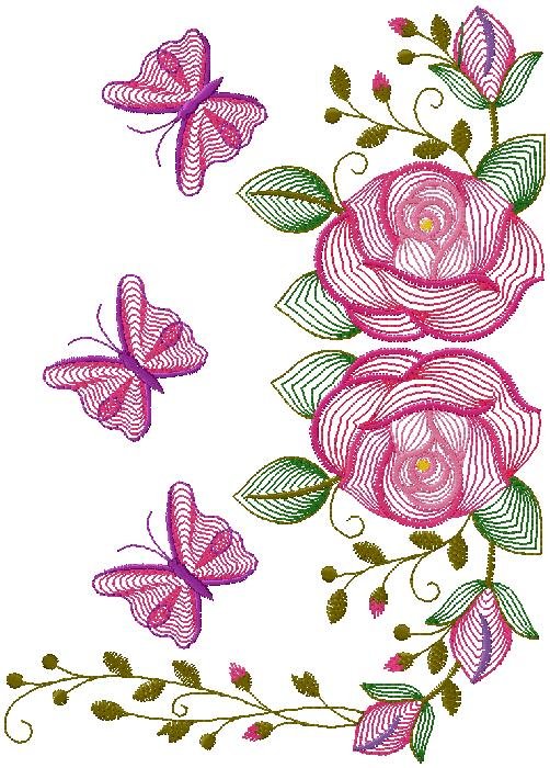 Elegant Pink Roses & Butterflies Embroidery Design