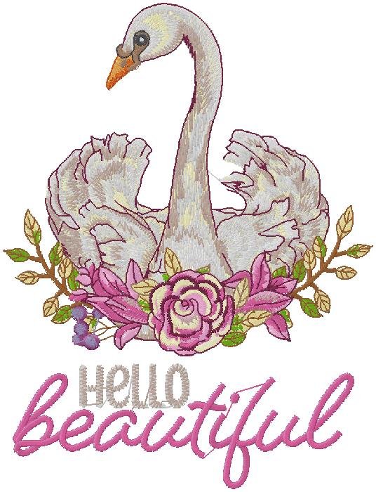 Elegant Swan “Hello Beautiful” Floral Embroidery Design