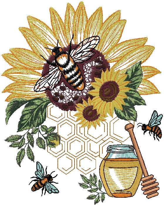 Golden Sunflower & Honey Bee Embroidery Design