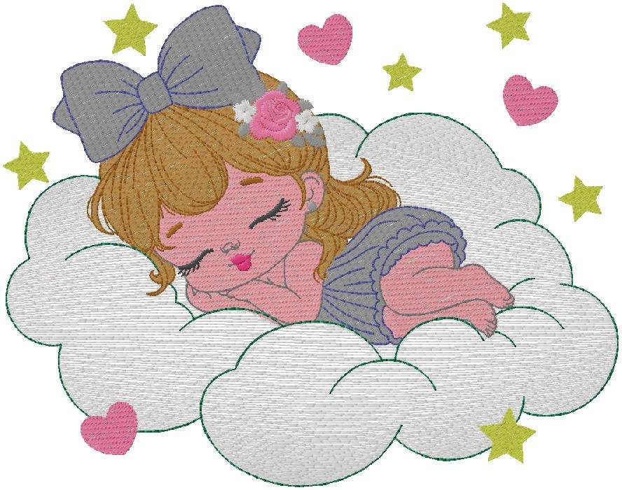 Sleeping Baby Girl on Cloud Embroidery Design