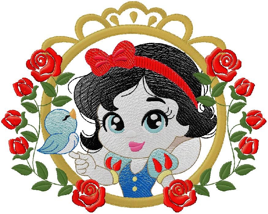 Snow White with Bluebird – Floral Frame Embroidery Design