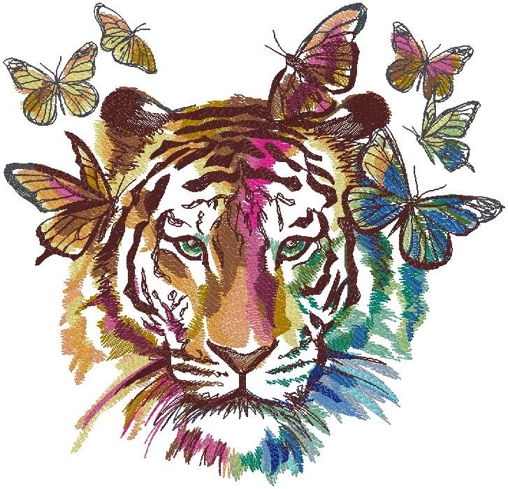 Tiger and Butterflies Embroidery Design
