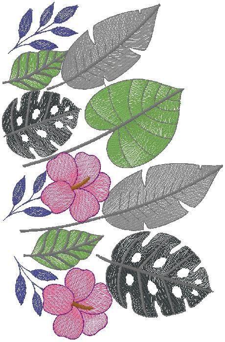 Tropical Leaves & Pink Blossom Embroidery Design