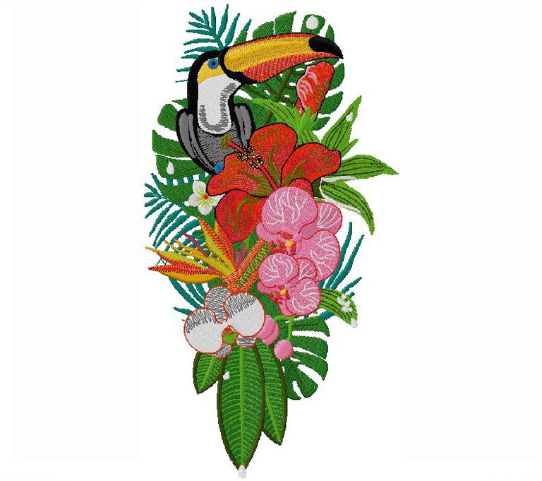 Tropical Toucan & Exotic Flowers Embroidery Design