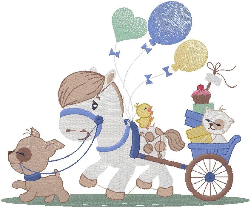 Cute Baby Pony Pulling Gift Cart Embroidery Design