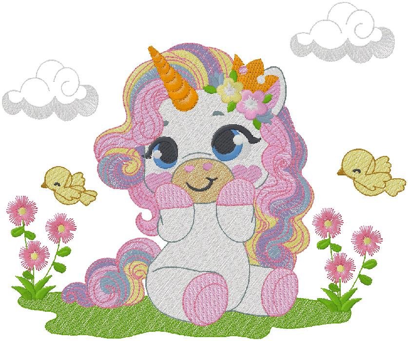 Cute Baby Unicorn with Flowers & Birds Embroidery Design