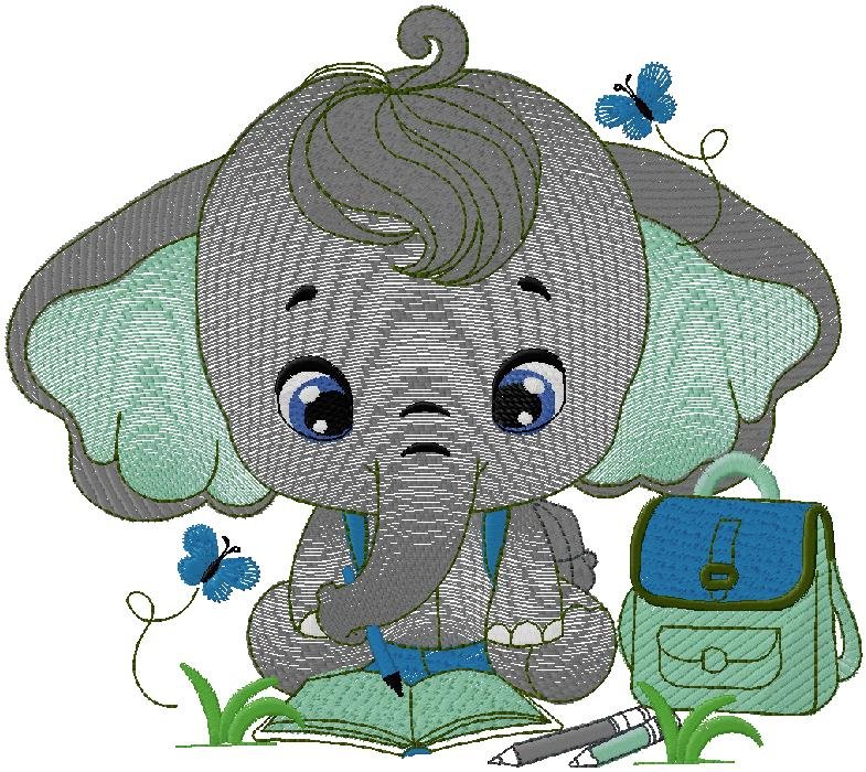 Cute Elephant School Embroidery Design